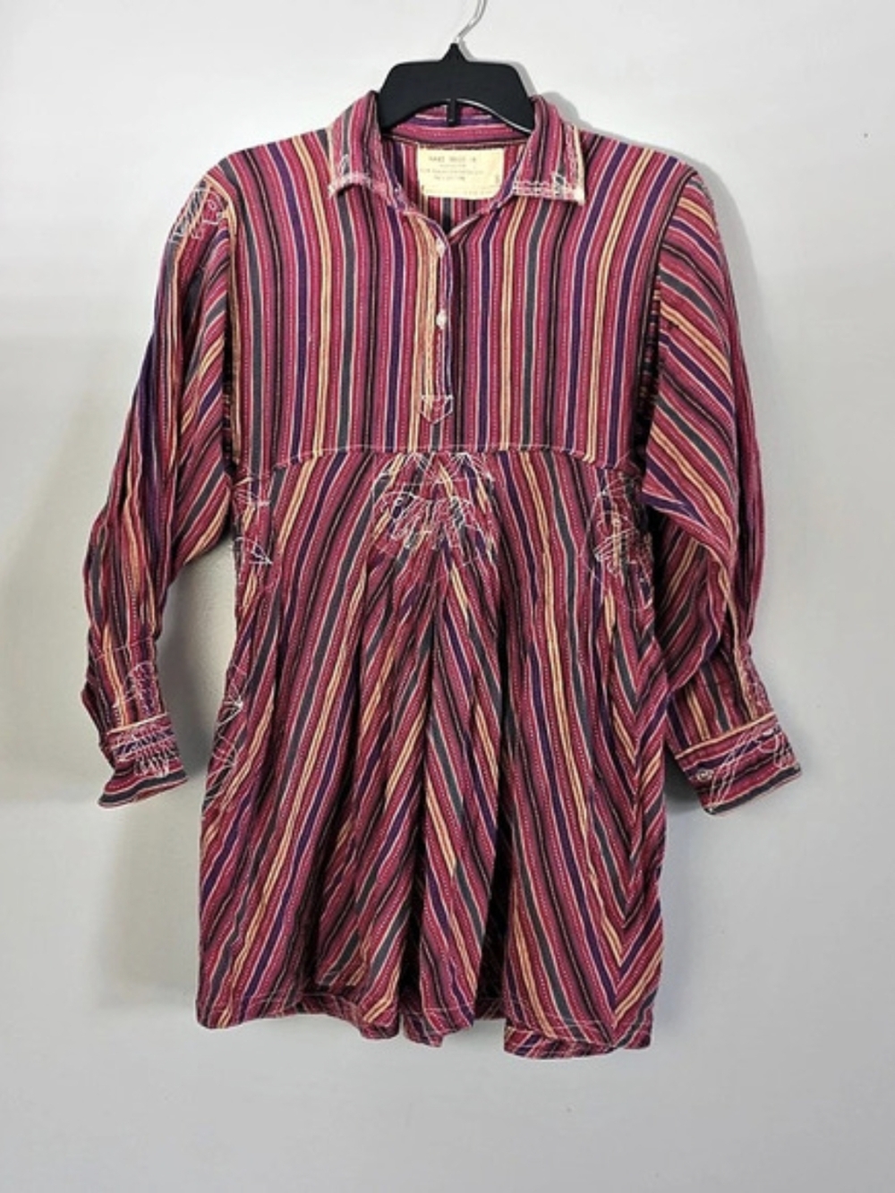 Vintage Handmade Cotton Striped Shirt Dress Long Sleeve Embroidered Boho Hippie